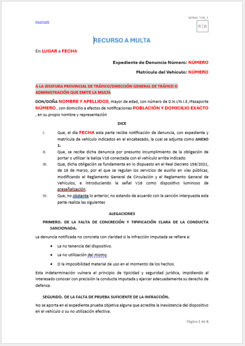 Recurso de reposición contra multa por no portar baliza v16
